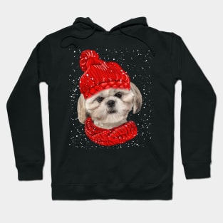 Shih Tzu Wearing Red Hat And Scarf In Snow Christmas Hoodie